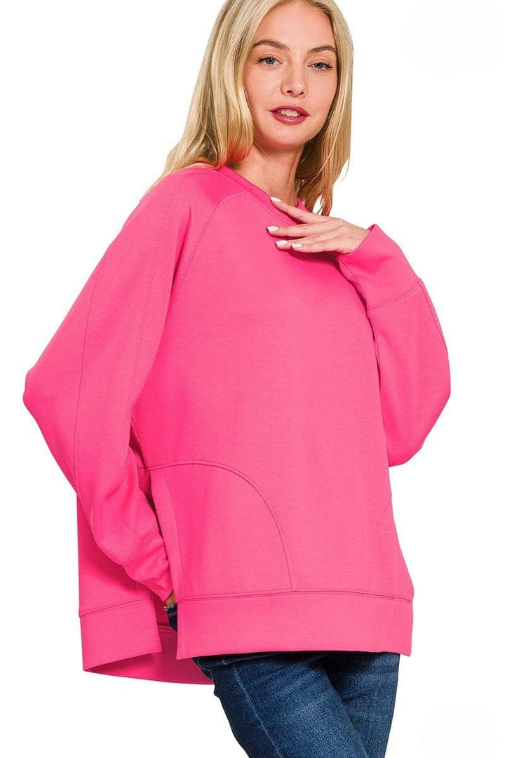 Zenana Scuba Round Neck Pullover Sweatshirt with Side Slit Hemline
