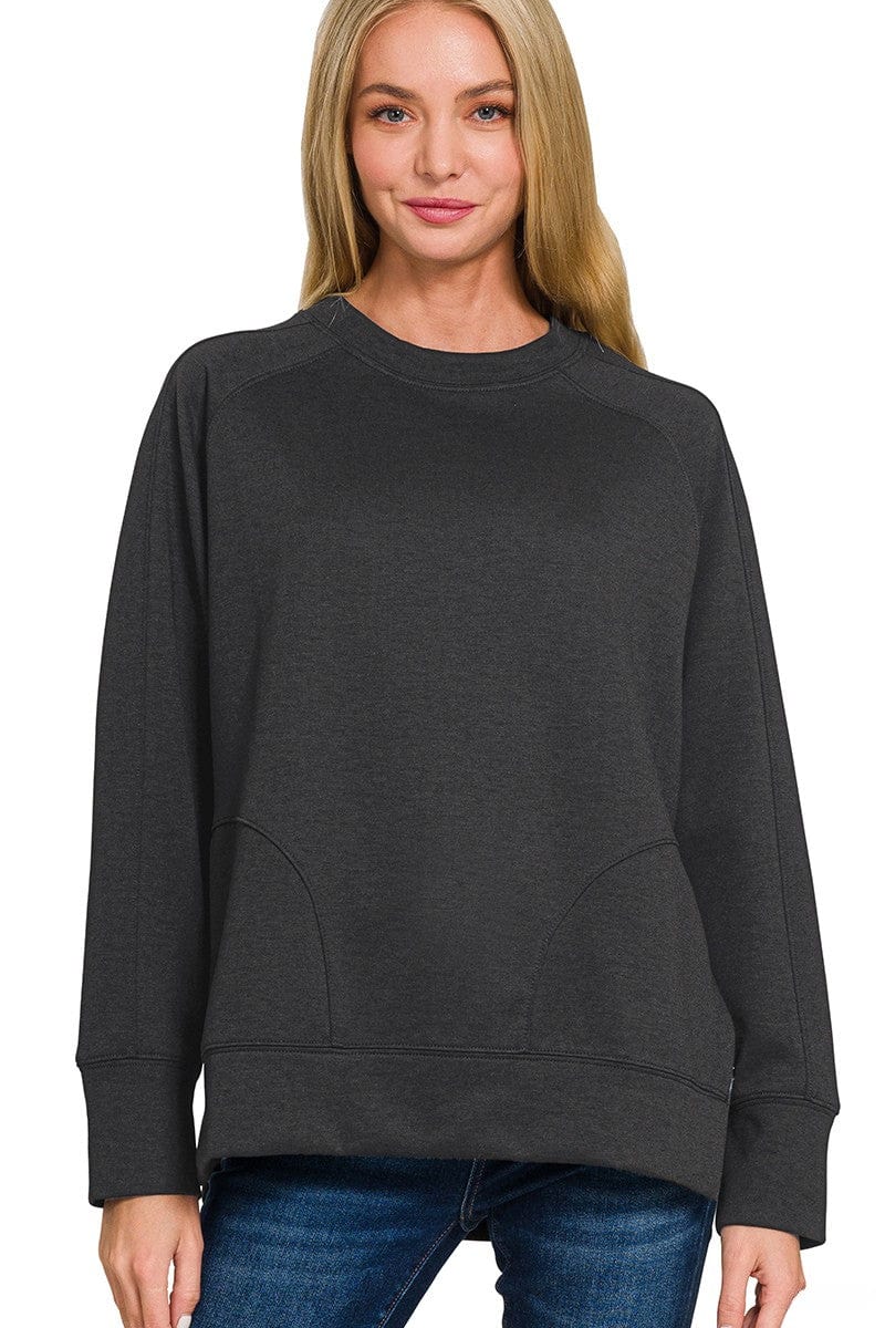 Zenana Scuba Round Neck Pullover Sweatshirt with Side Slit Hemline