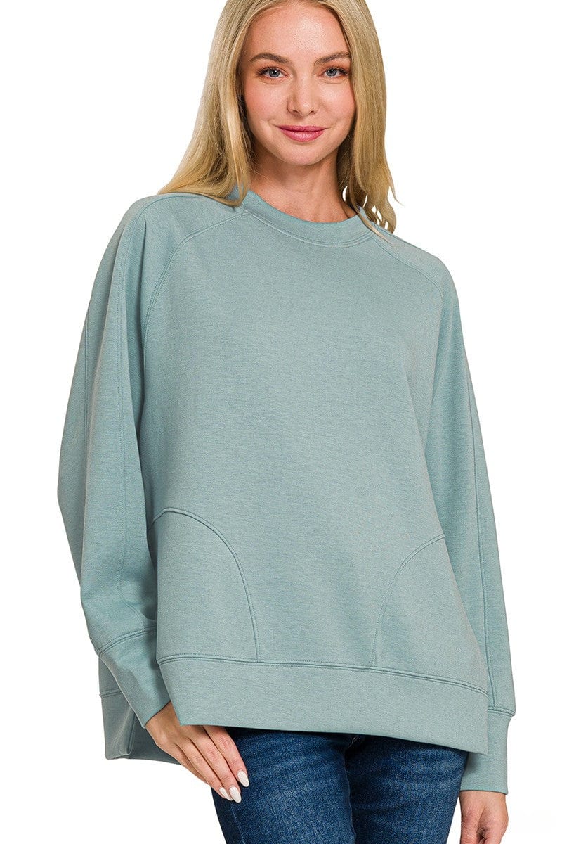 Zenana Scuba Round Neck Pullover Sweatshirt with Side Slit Hemline