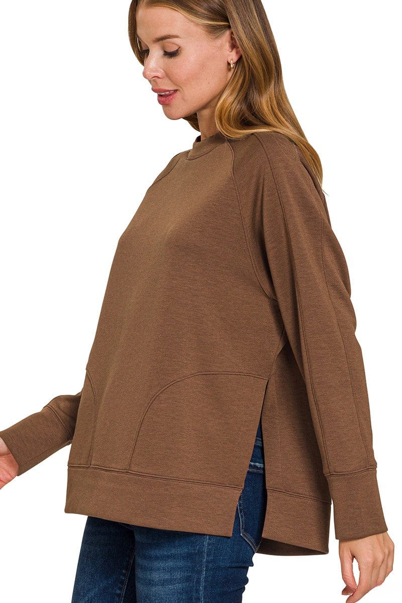 Zenana Scuba Round Neck Pullover Sweatshirt with Side Slit Hemline