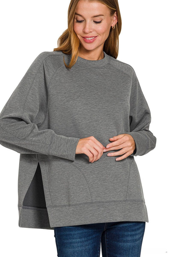 Zenana Scuba Round Neck Pullover Sweatshirt with Side Slit Hemline