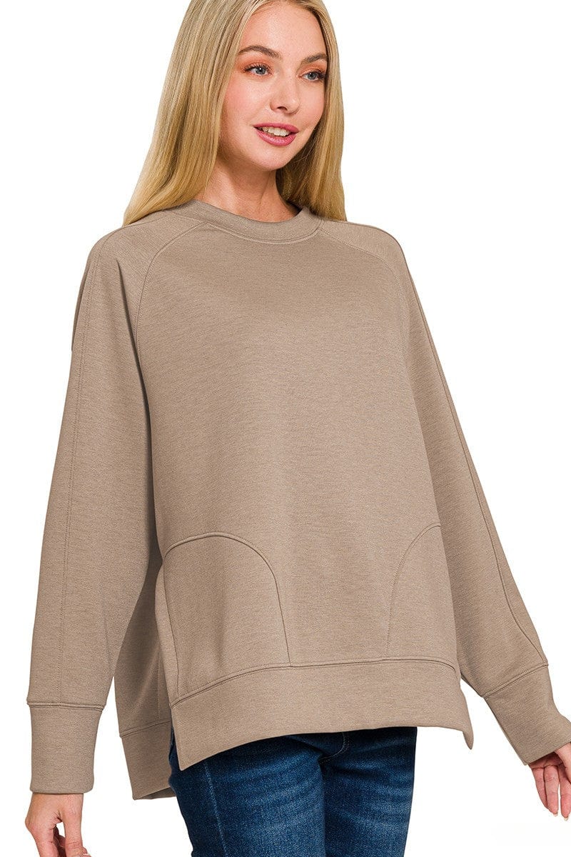 Zenana Scuba Round Neck Pullover Sweatshirt with Side Slit Hemline