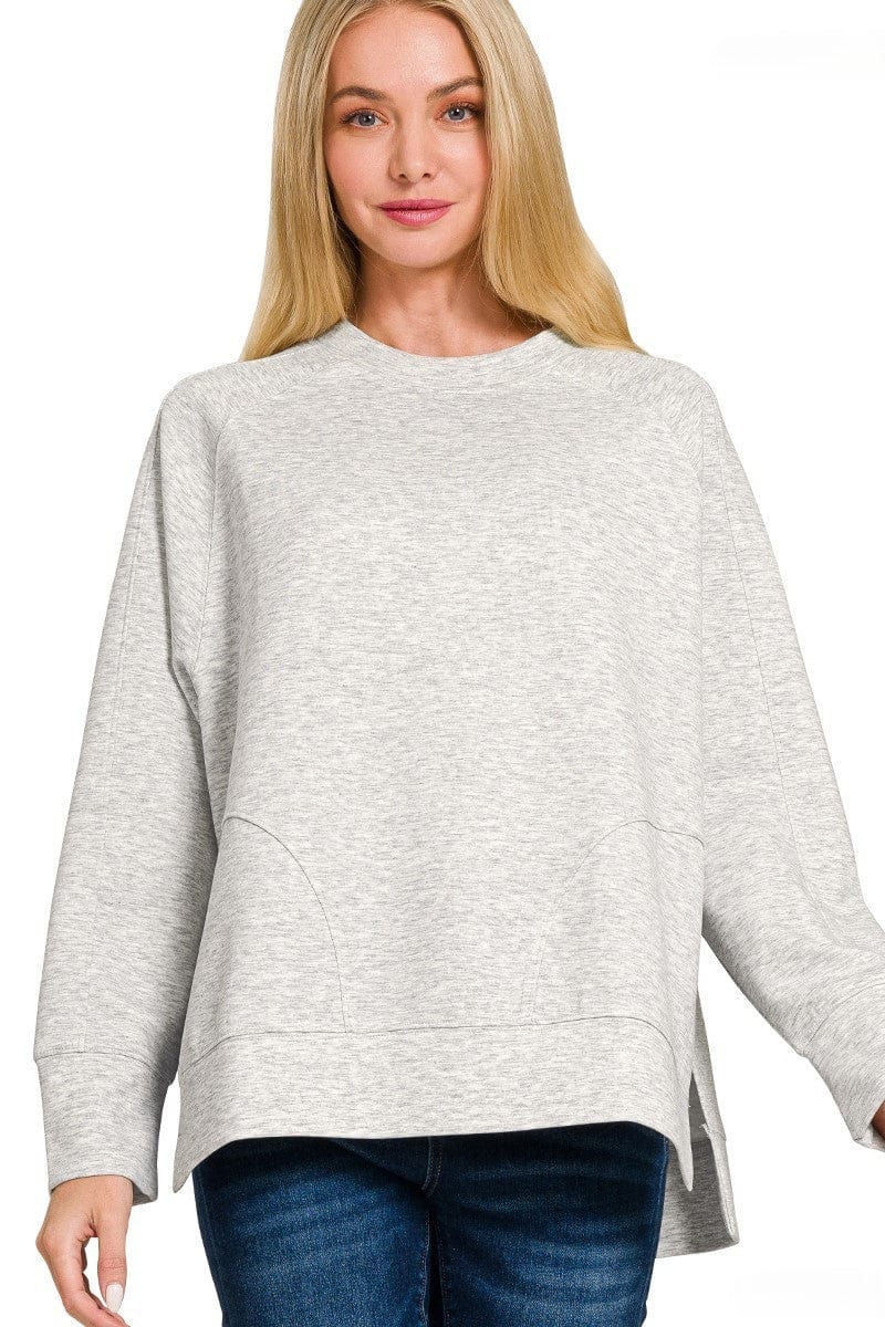 Zenana Scuba Round Neck Pullover Sweatshirt with Side Slit Hemline