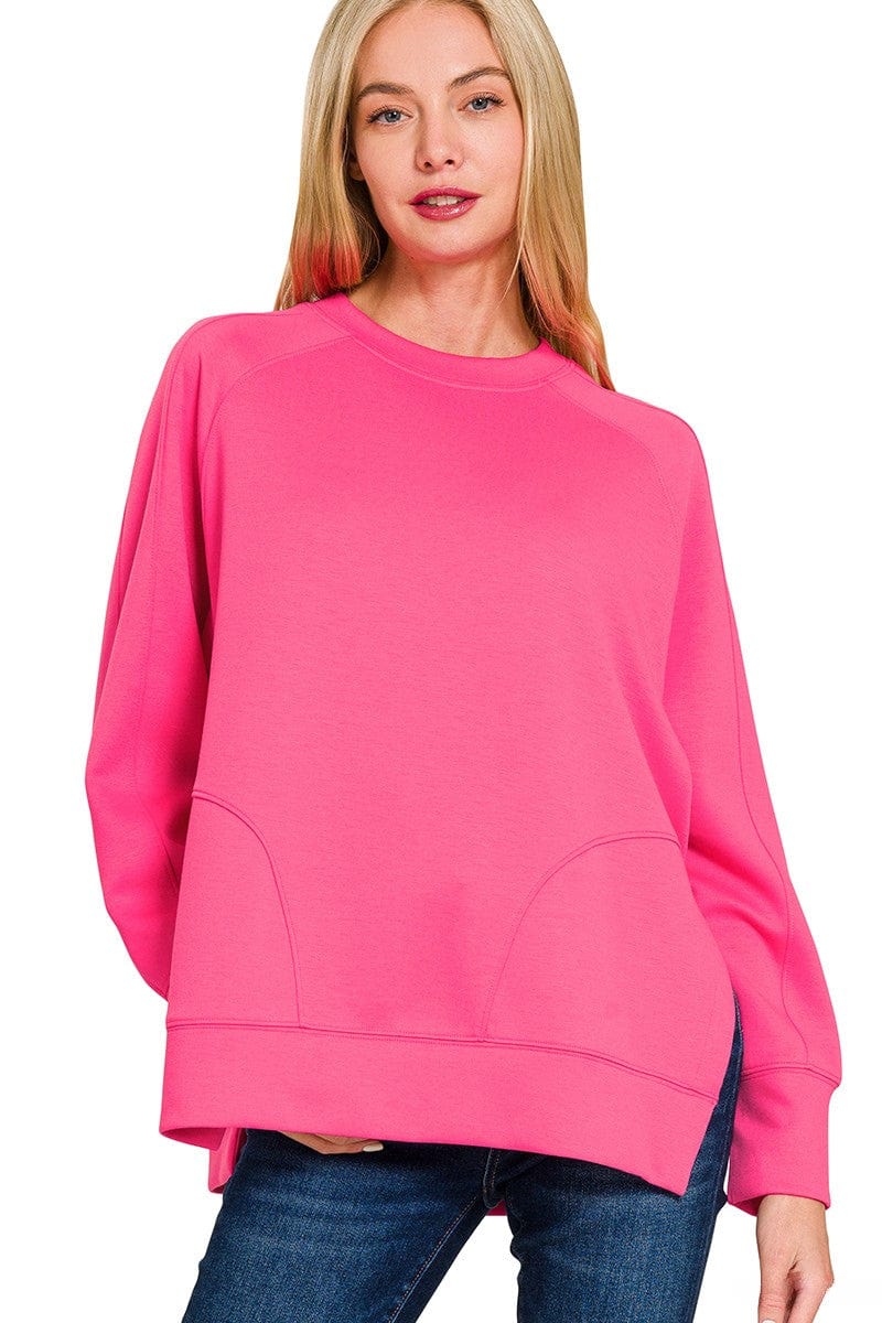 Zenana Scuba Round Neck Pullover Sweatshirt with Side Slit Hemline