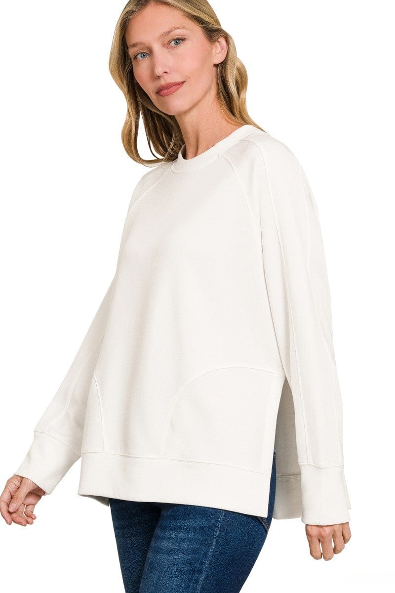 Zenana Scuba Round Neck Pullover Sweatshirt with Side Slit Hemline