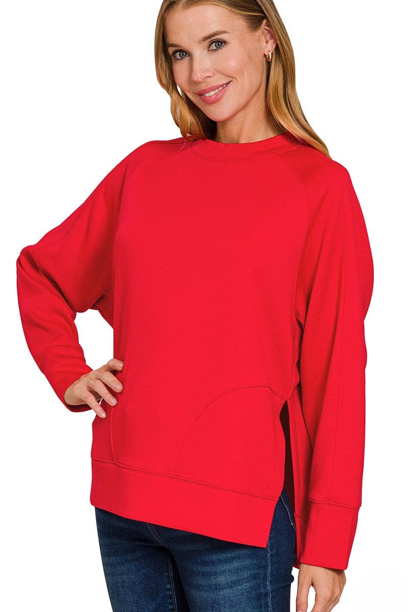 Zenana Scuba Round Neck Pullover Sweatshirt with Side Slit Hemline