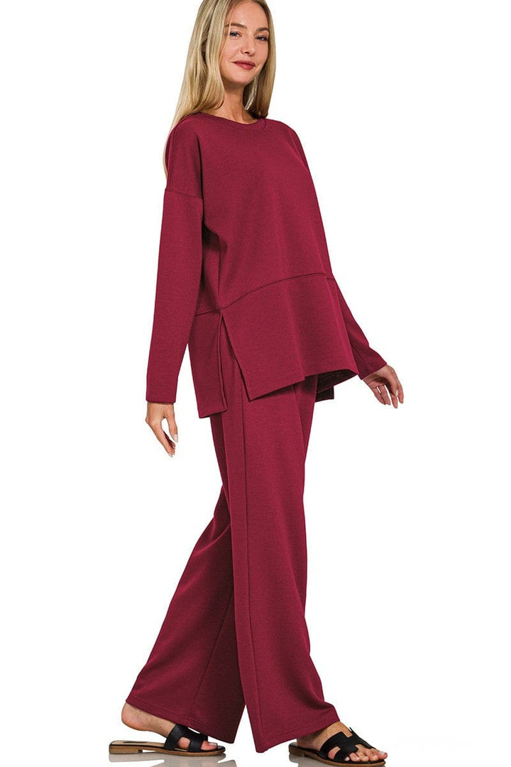 Zenana Scuba Split Side Long Sleeve Top and Pants Set