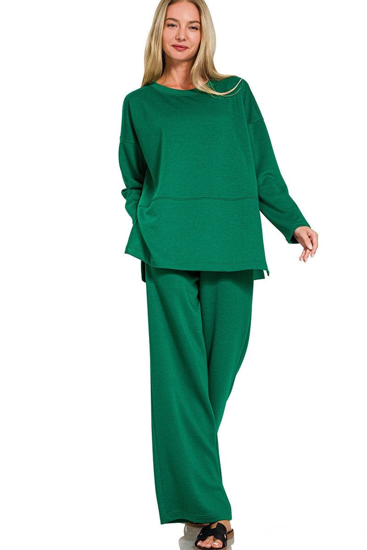 Zenana Scuba Split Side Long Sleeve Top and Pants Set