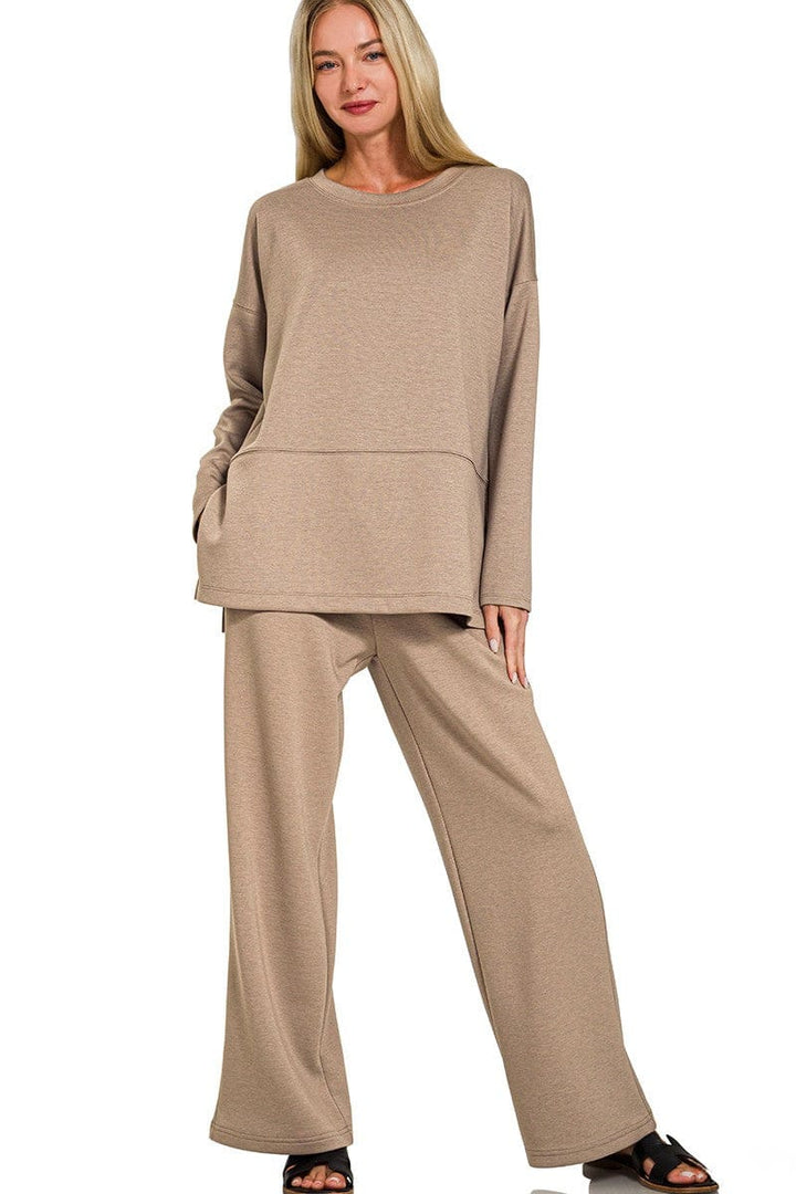 Zenana Scuba Split Side Long Sleeve Top and Pants Set