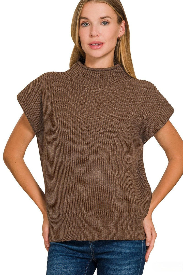 Zenana Shaped Shoulder Wide Mock Neck Short Sleeve Sweater