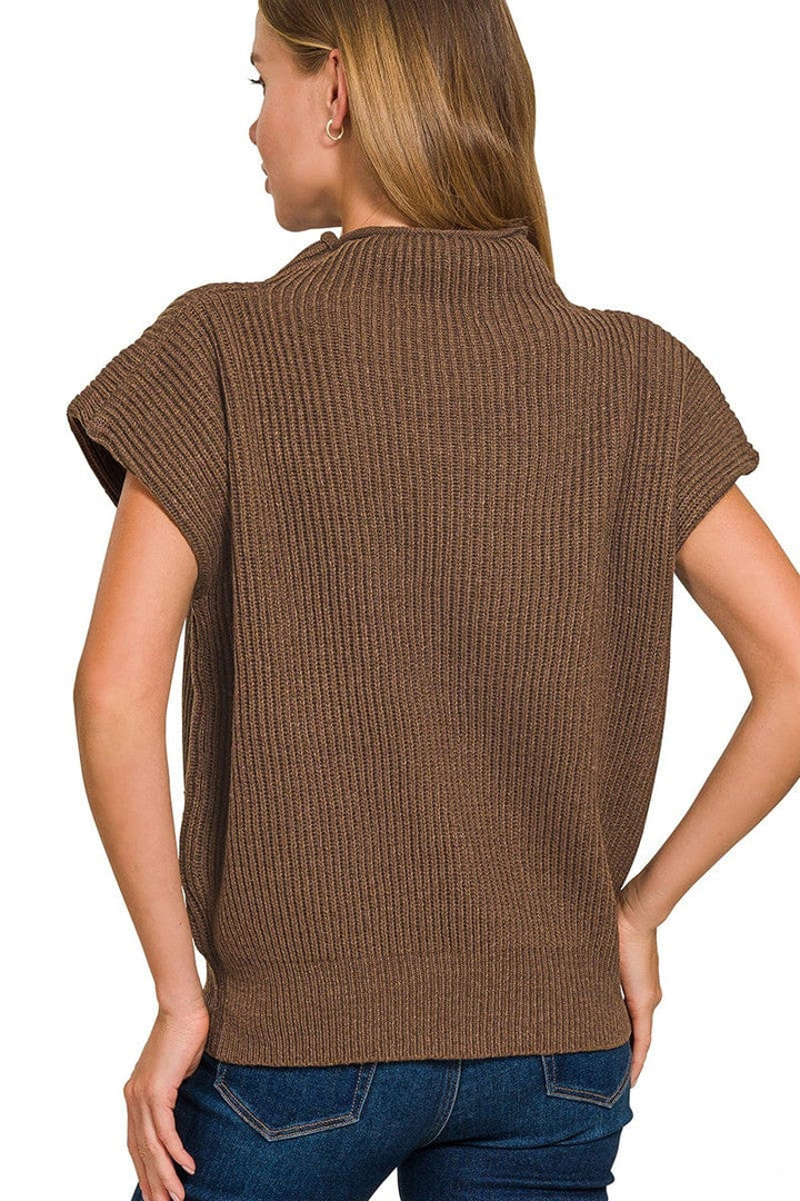 Zenana Shaped Shoulder Wide Mock Neck Short Sleeve Sweater