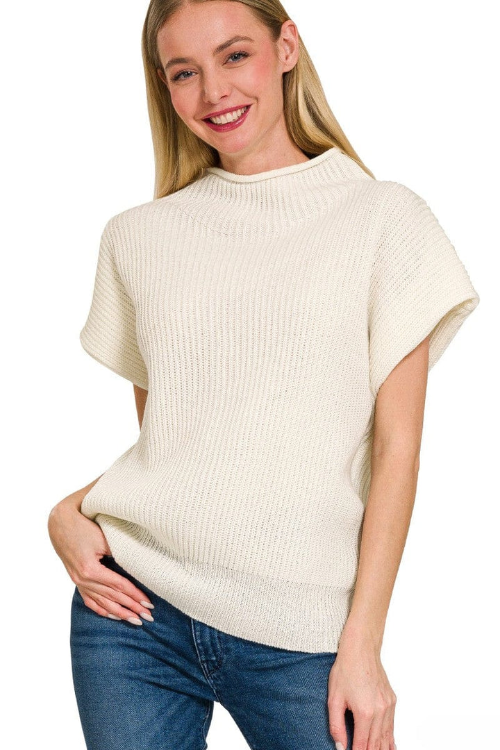 Zenana Shaped Shoulder Wide Mock Neck Short Sleeve Sweater