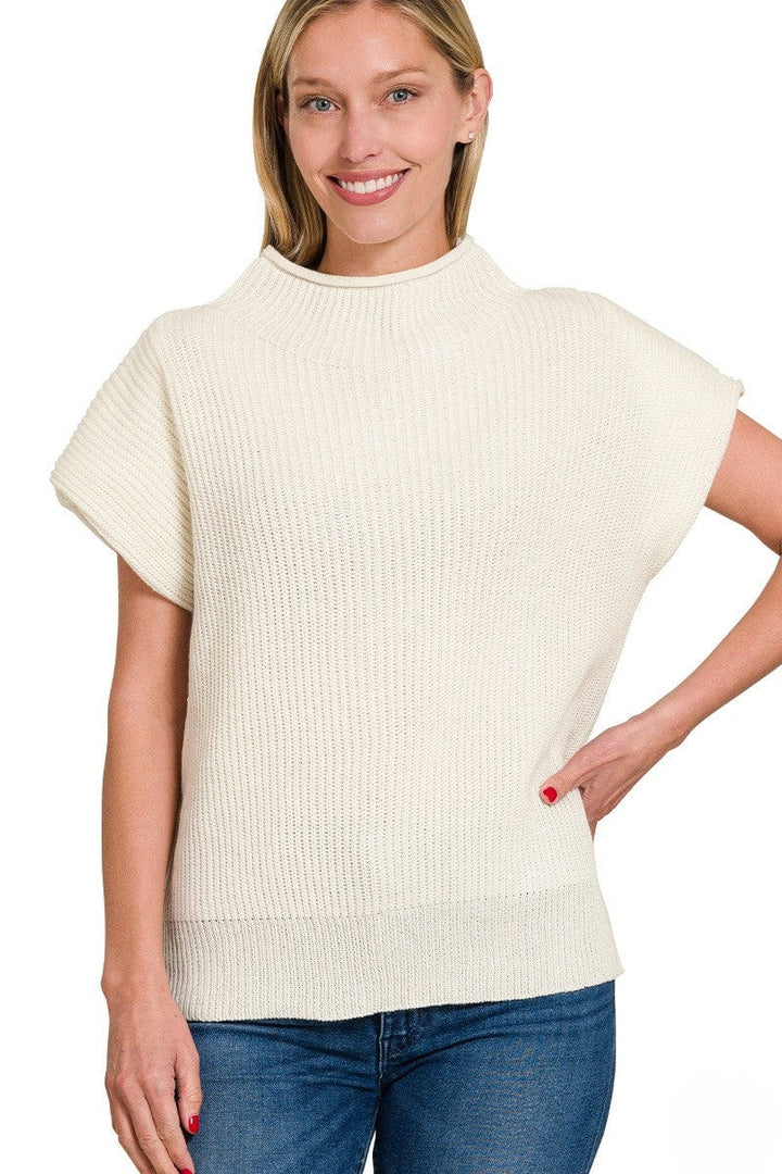 Zenana Shaped Shoulder Wide Mock Neck Short Sleeve Sweater