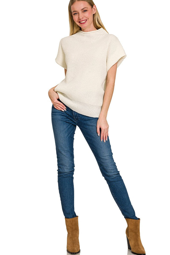Zenana Shaped Shoulder Wide Mock Neck Short Sleeve Sweater