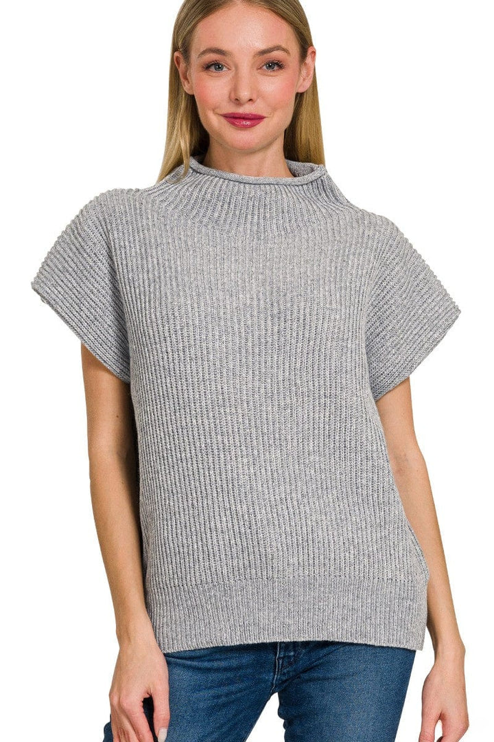 Zenana Shaped Shoulder Wide Mock Neck Short Sleeve Sweater