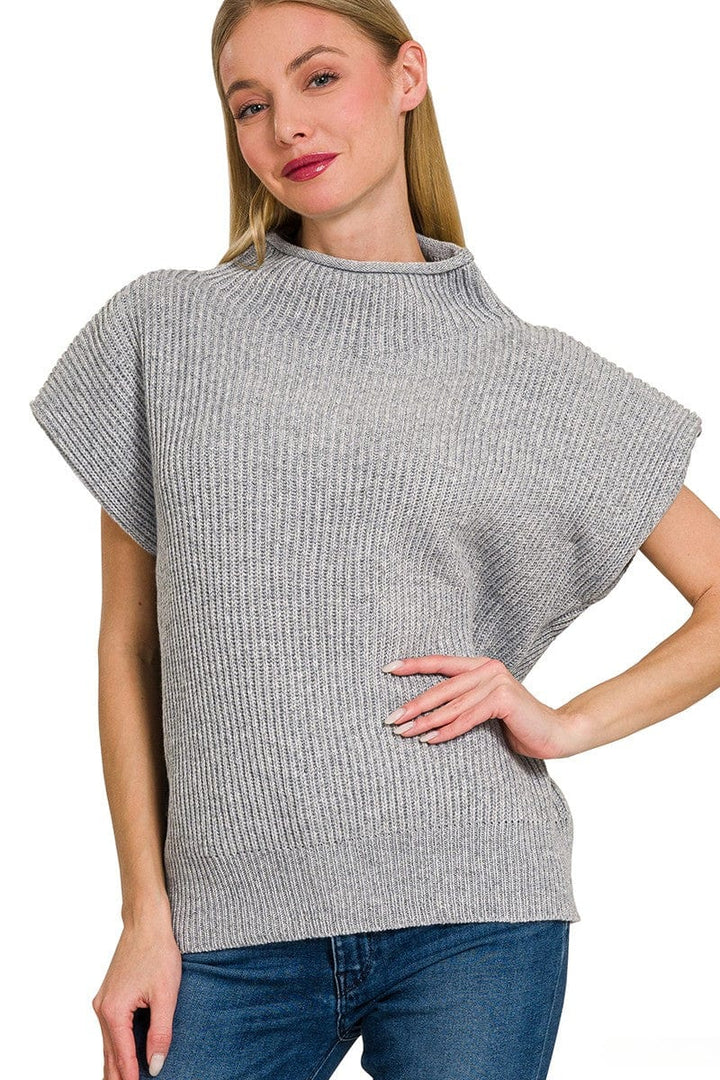 Zenana Shaped Shoulder Wide Mock Neck Short Sleeve Sweater