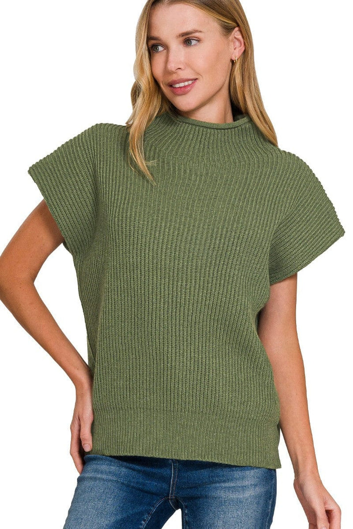 Zenana Shaped Shoulder Wide Mock Neck Short Sleeve Sweater