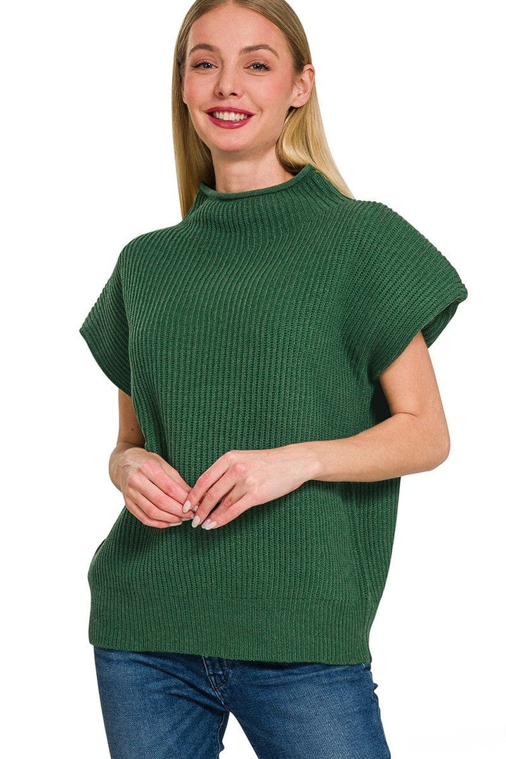 Zenana Shaped Shoulder Wide Mock Neck Short Sleeve Sweater