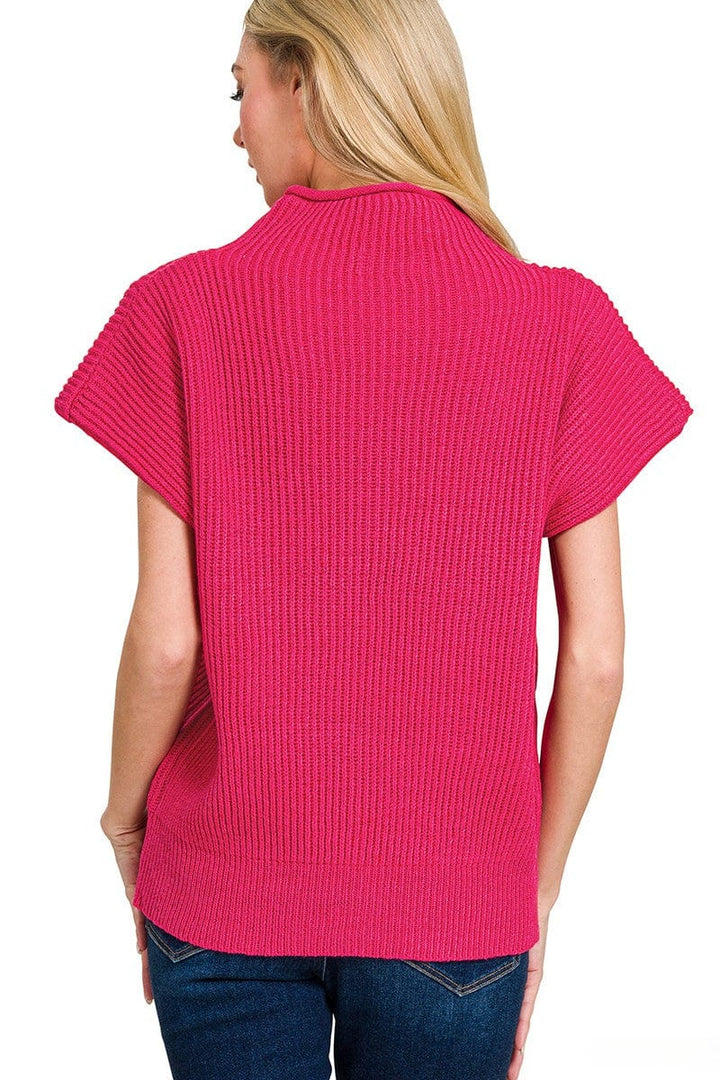 Zenana Shaped Shoulder Wide Mock Neck Short Sleeve Sweater