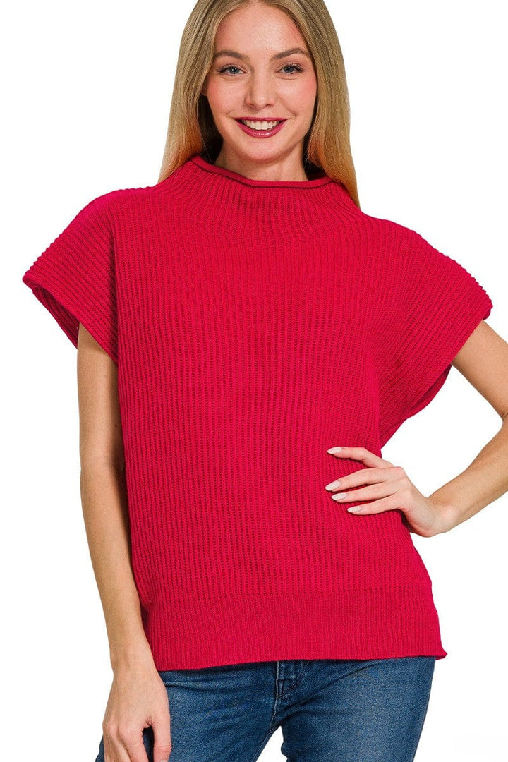 Zenana Shaped Shoulder Wide Mock Neck Short Sleeve Sweater