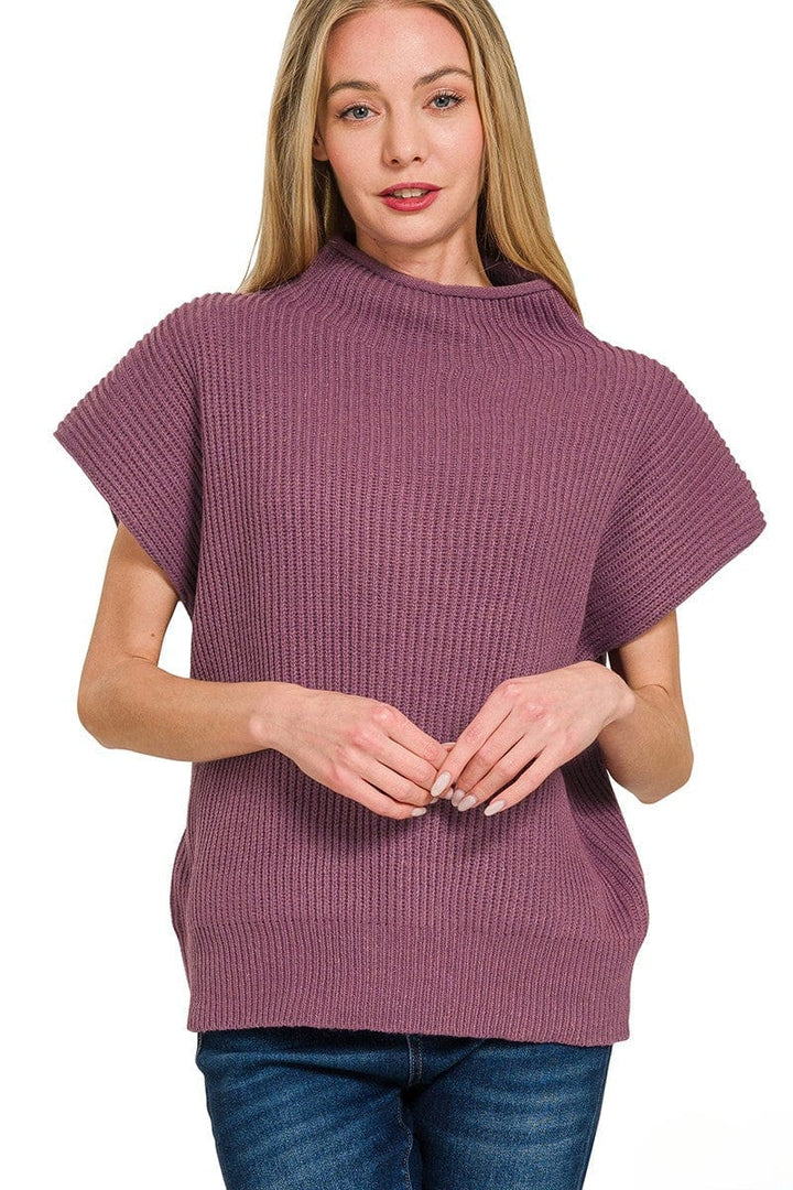 Zenana Shaped Shoulder Wide Mock Neck Short Sleeve Sweater