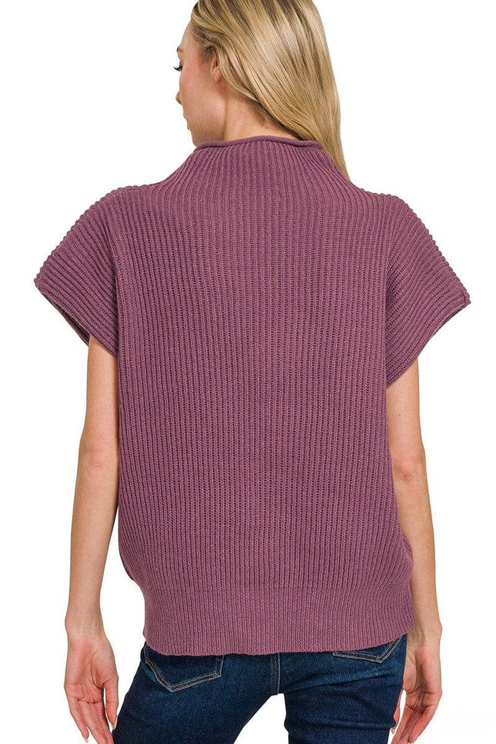 Zenana Shaped Shoulder Wide Mock Neck Short Sleeve Sweater