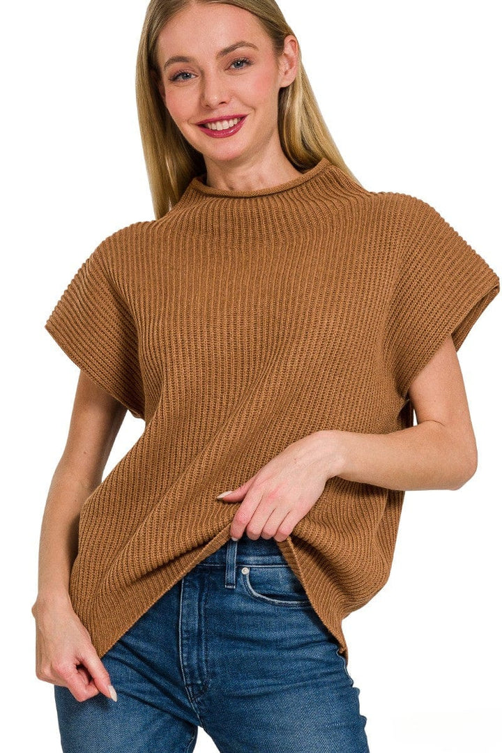 Zenana Shaped Shoulder Wide Mock Neck Short Sleeve Sweater