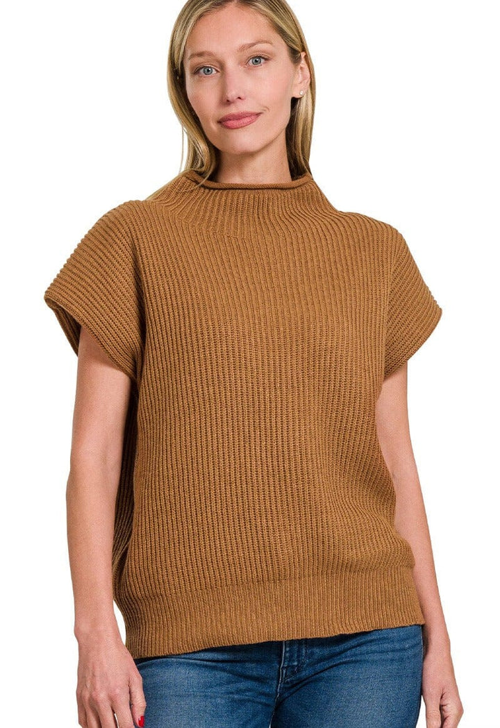 Zenana Shaped Shoulder Wide Mock Neck Short Sleeve Sweater