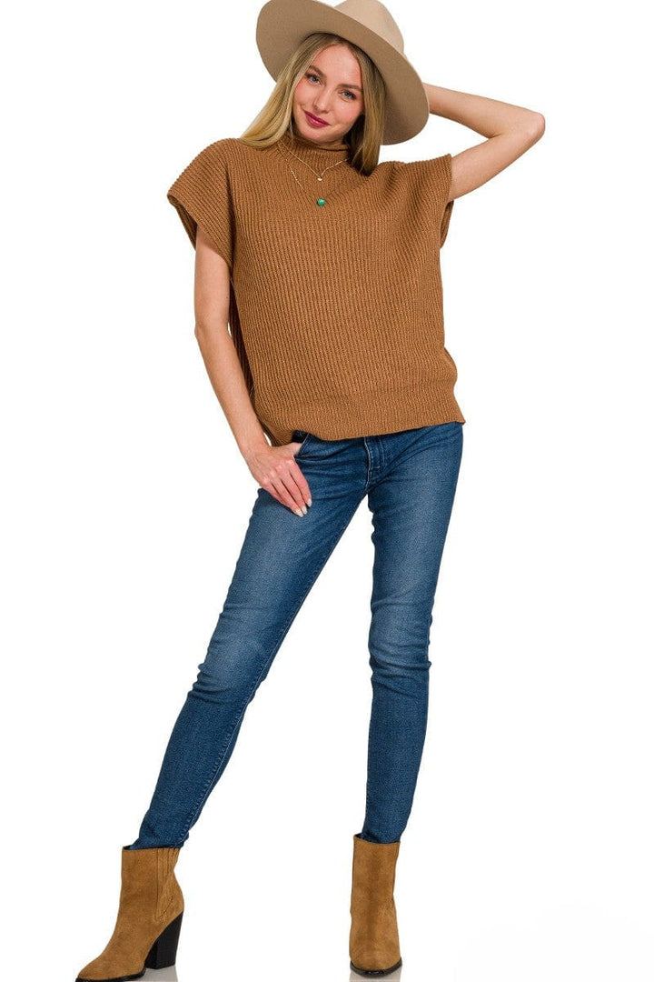 Zenana Shaped Shoulder Wide Mock Neck Short Sleeve Sweater