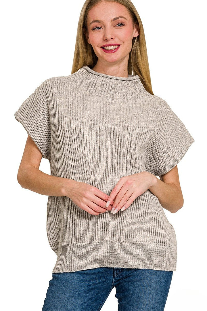 Zenana Shaped Shoulder Wide Mock Neck Short Sleeve Sweater