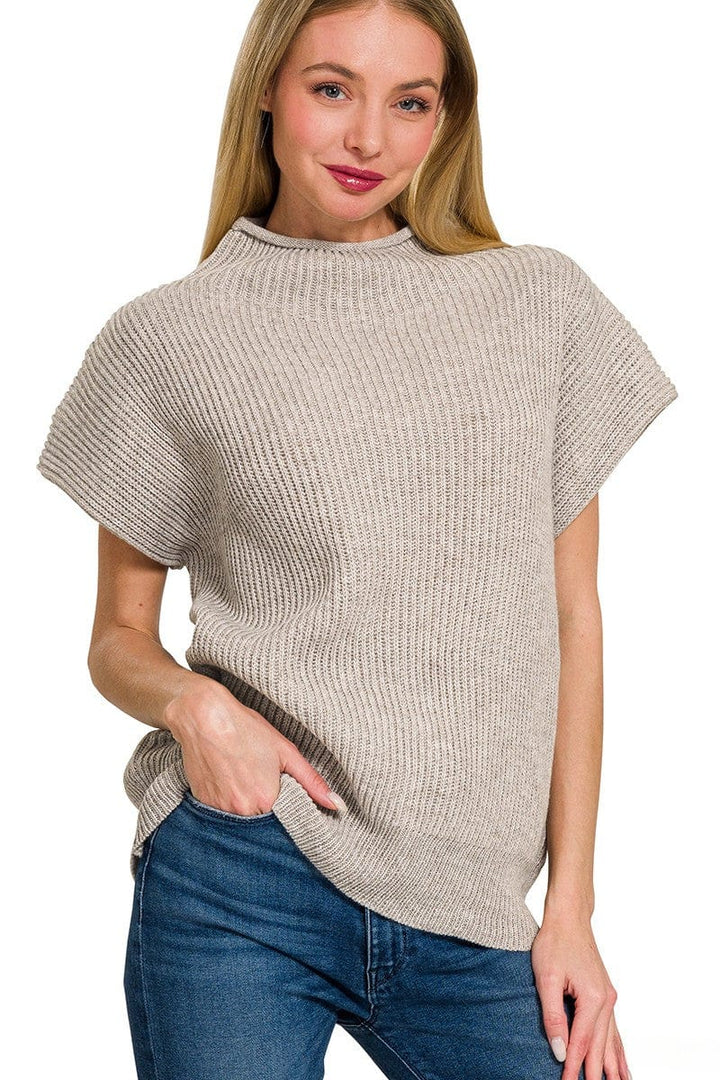 Zenana Shaped Shoulder Wide Mock Neck Short Sleeve Sweater