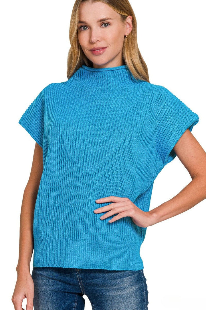 Zenana Shaped Shoulder Wide Mock Neck Short Sleeve Sweater