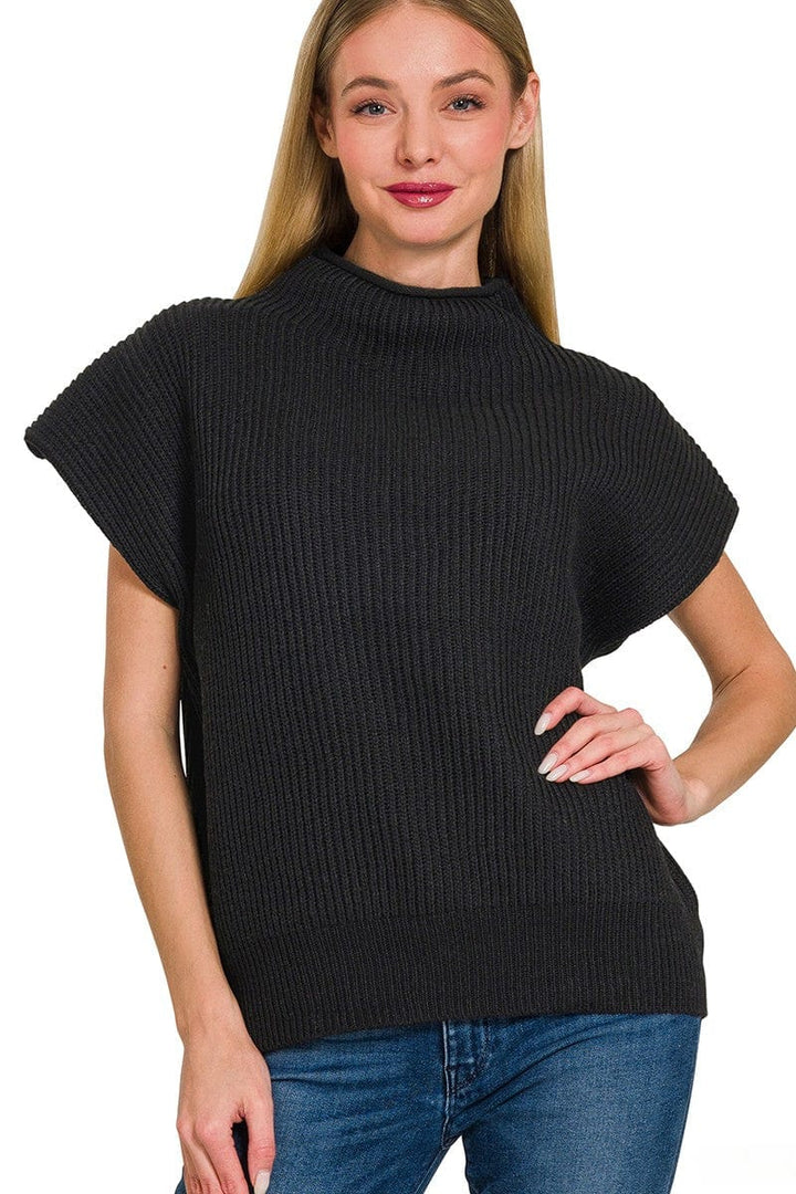 Zenana Shaped Shoulder Wide Mock Neck Short Sleeve Sweater