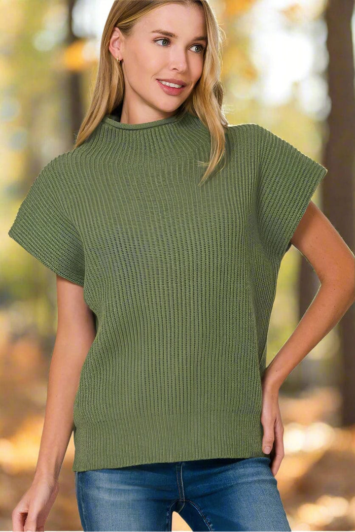 Zenana Shaped Shoulder Wide Mock Neck Short Sleeve Sweater