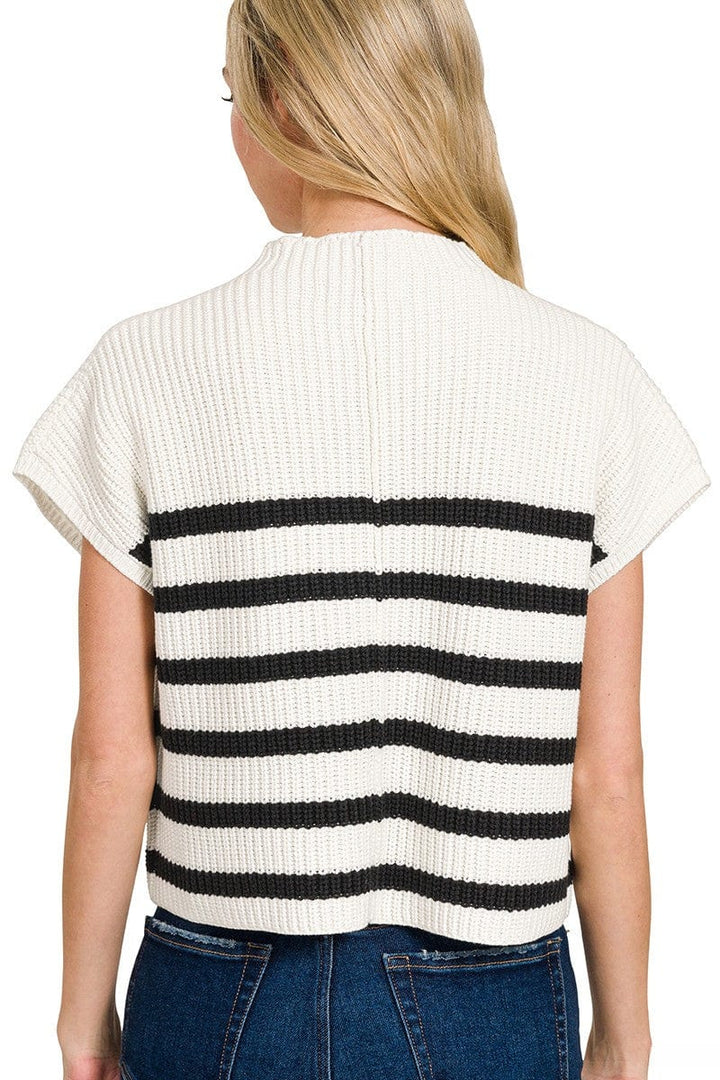 Zenana Short Sleeve High Neck Pocket Front Horizontal Striped Short Sleeve Sweater Top