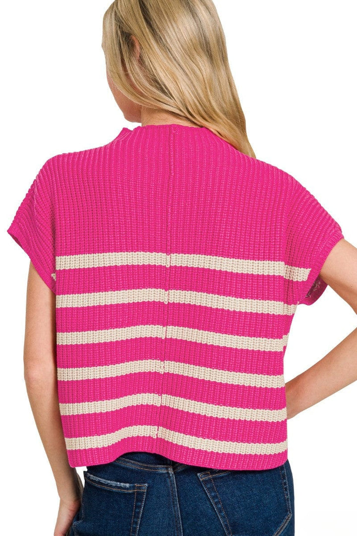 Zenana Short Sleeve High Neck Pocket Front Horizontal Striped Short Sleeve Sweater Top