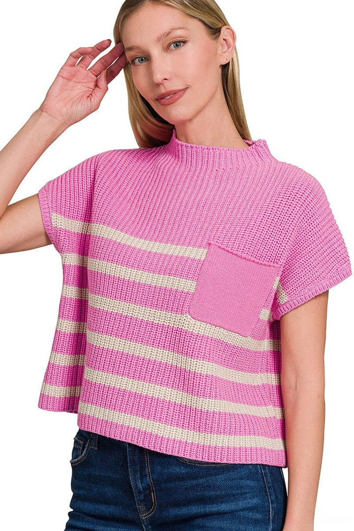 Zenana Short Sleeve High Neck Pocket Front Horizontal Striped Short Sleeve Sweater Top