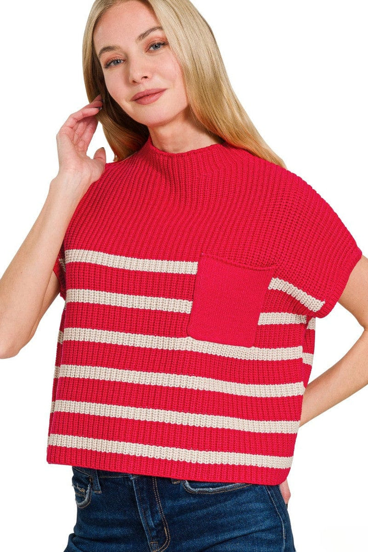 Zenana Short Sleeve High Neck Pocket Front Horizontal Striped Short Sleeve Sweater Top