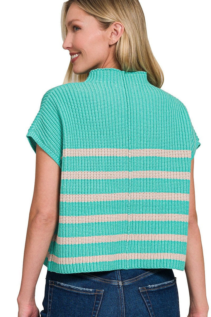 Zenana Short Sleeve High Neck Pocket Front Horizontal Striped Short Sleeve Sweater Top