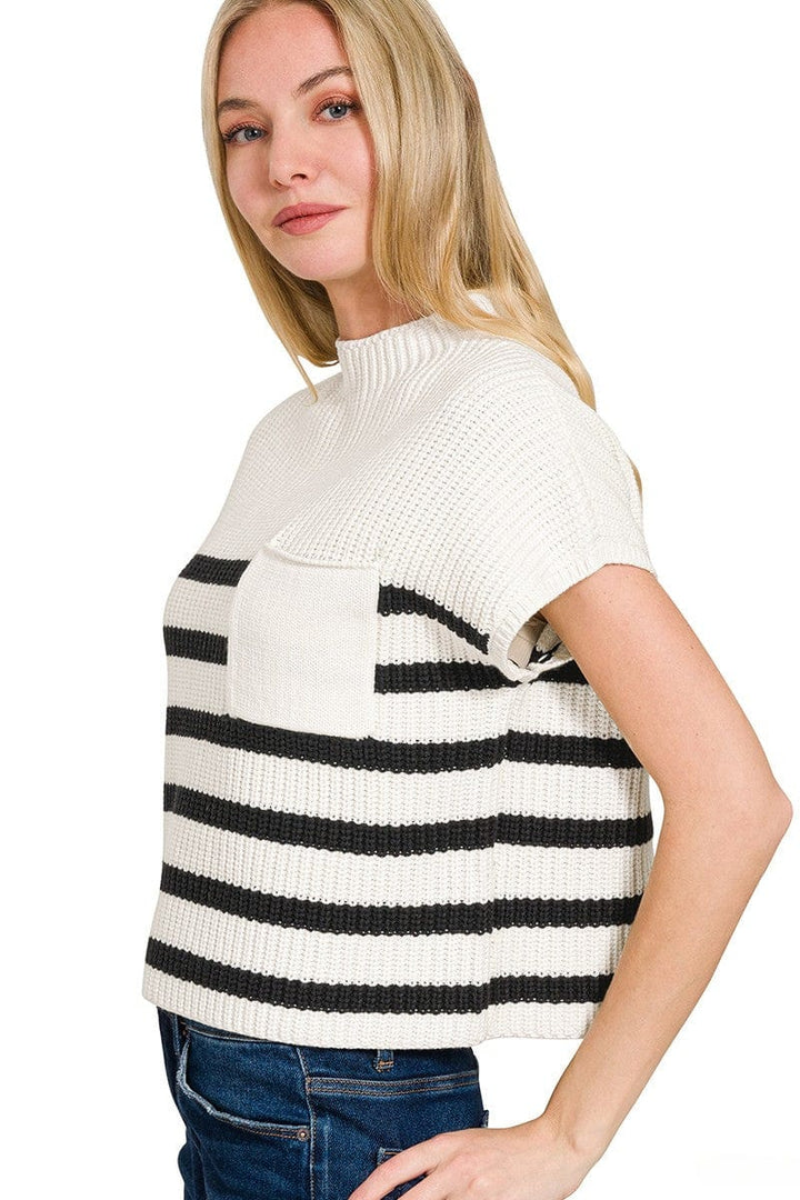 Zenana Short Sleeve High Neck Pocket Front Horizontal Striped Short Sleeve Sweater Top