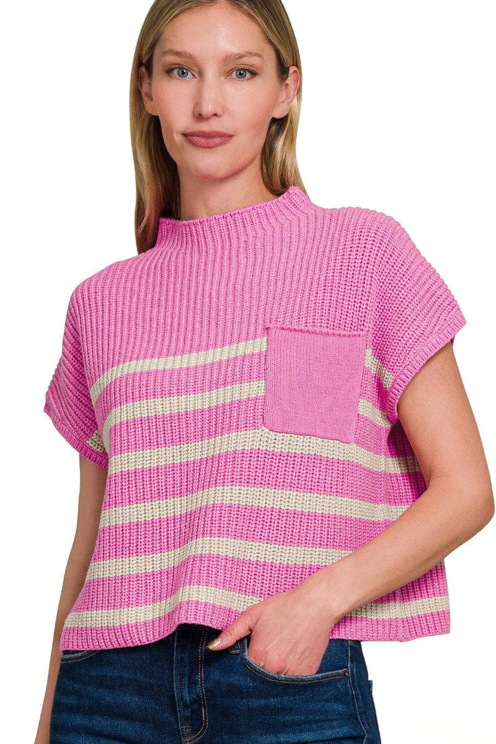 Zenana Short Sleeve High Neck Pocket Front Horizontal Striped Short Sleeve Sweater Top