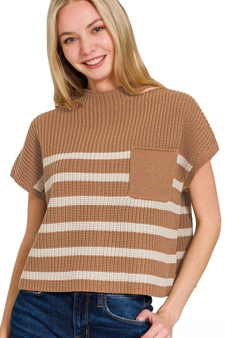 Zenana Short Sleeve High Neck Pocket Front Horizontal Striped Short Sleeve Sweater Top