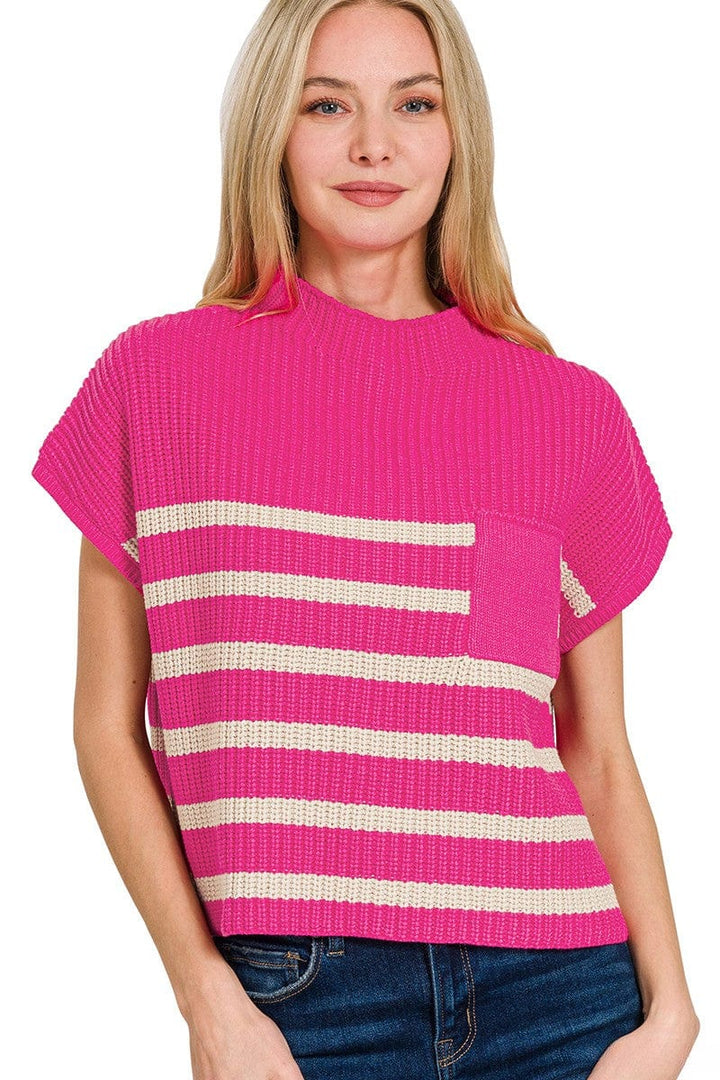 Zenana Short Sleeve High Neck Pocket Front Horizontal Striped Short Sleeve Sweater Top