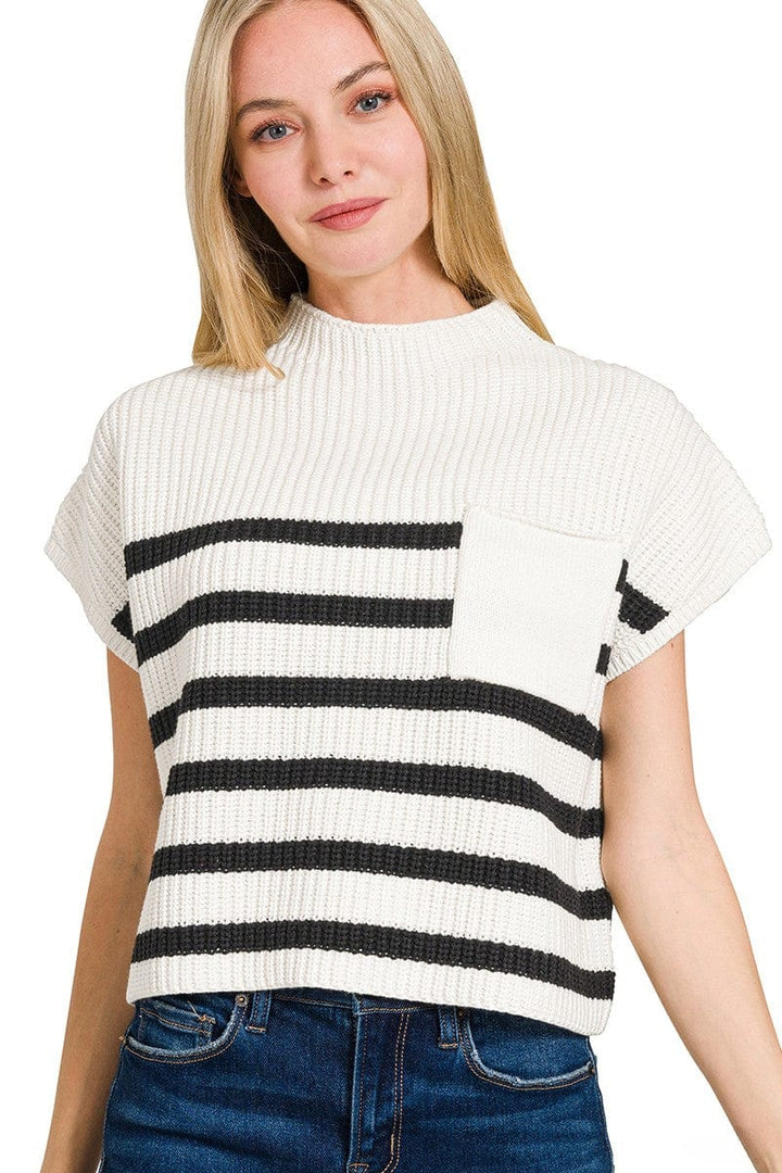 Zenana Short Sleeve High Neck Pocket Front Horizontal Striped Short Sleeve Sweater Top