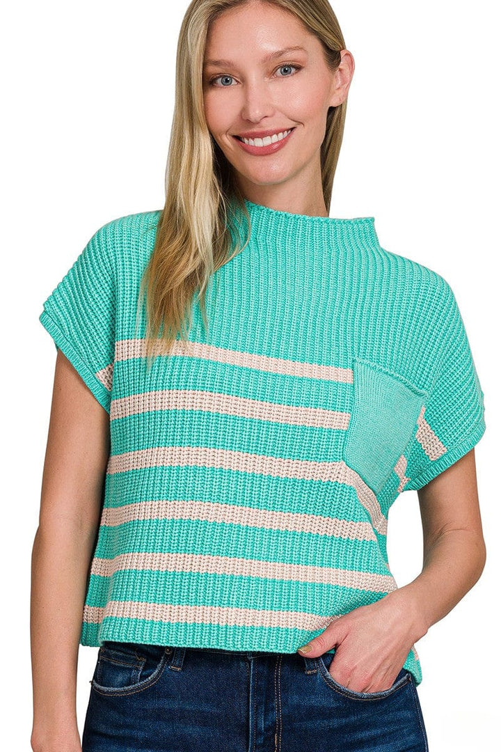 Zenana Short Sleeve High Neck Pocket Front Horizontal Striped Short Sleeve Sweater Top