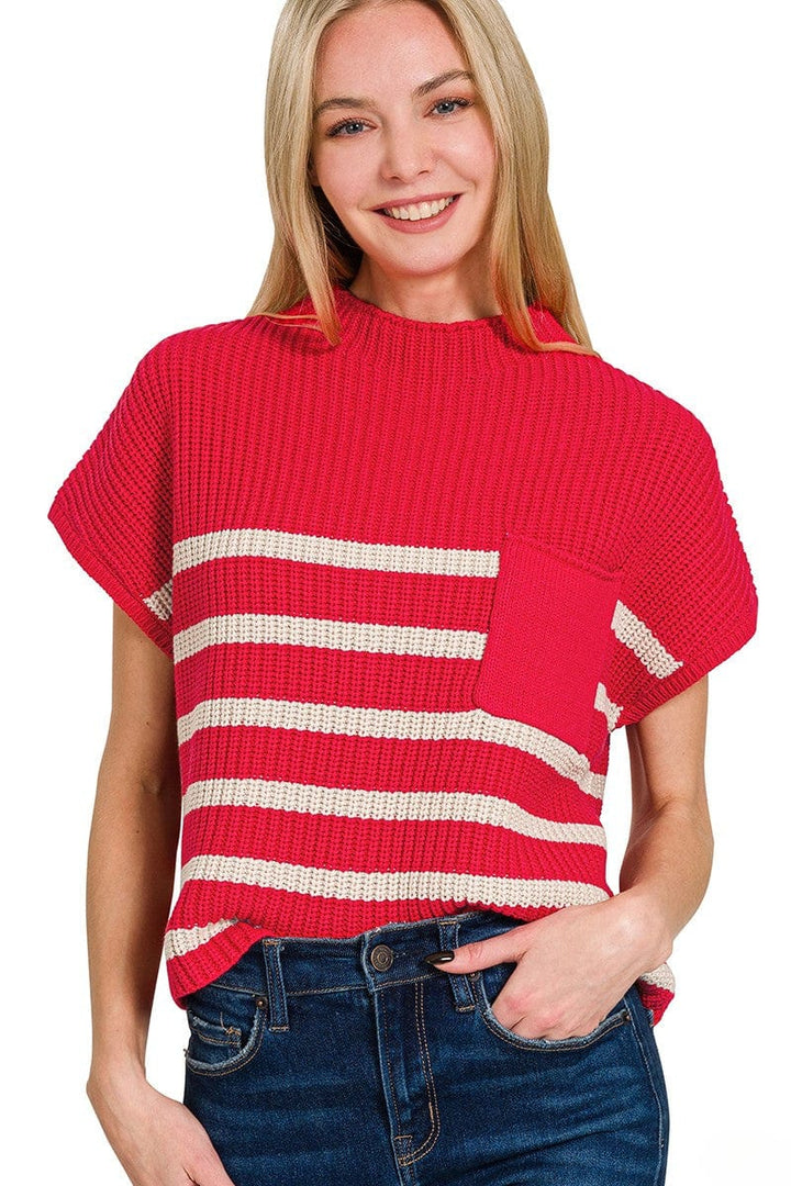 Zenana Short Sleeve High Neck Pocket Front Horizontal Striped Short Sleeve Sweater Top