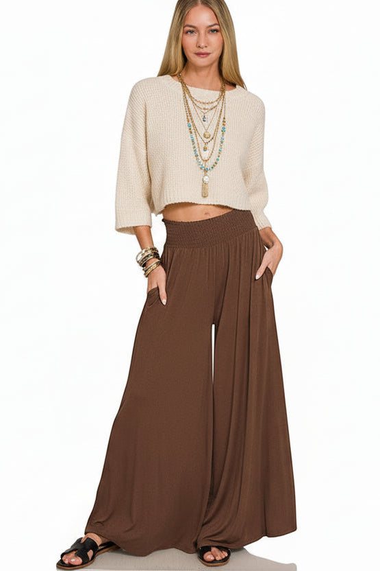 Zenana Washed French Terry Womens Palazzo Pant With Pockets