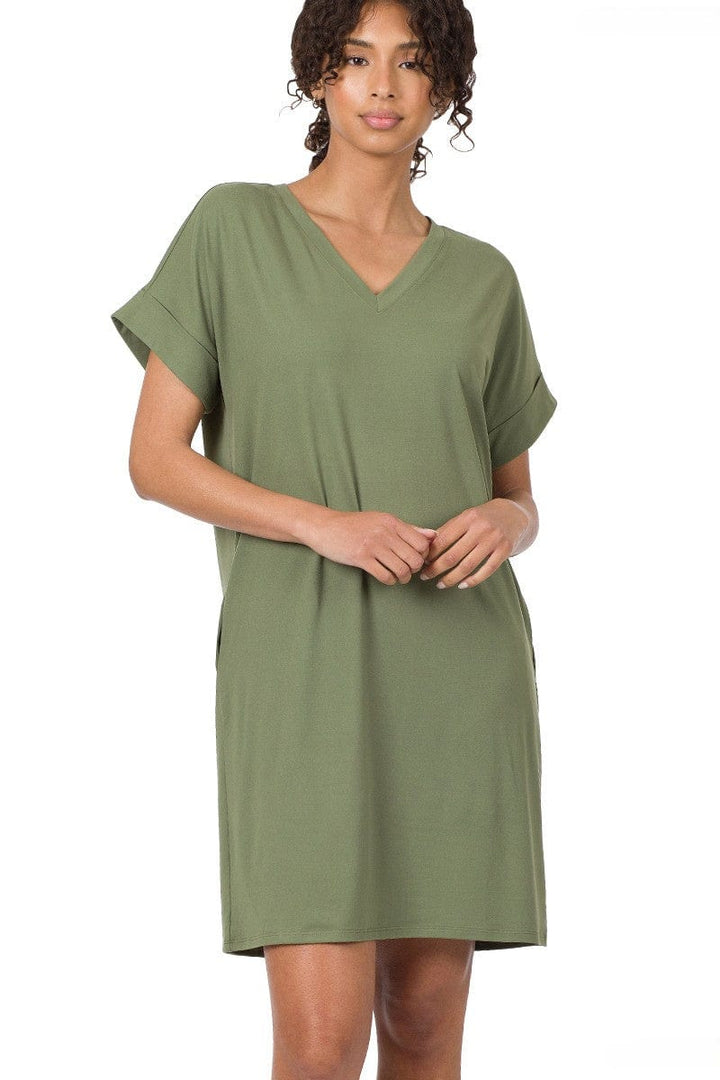 Zenana Soft Brushed Fabric Rolled Short Sleeve V-Neck Dress