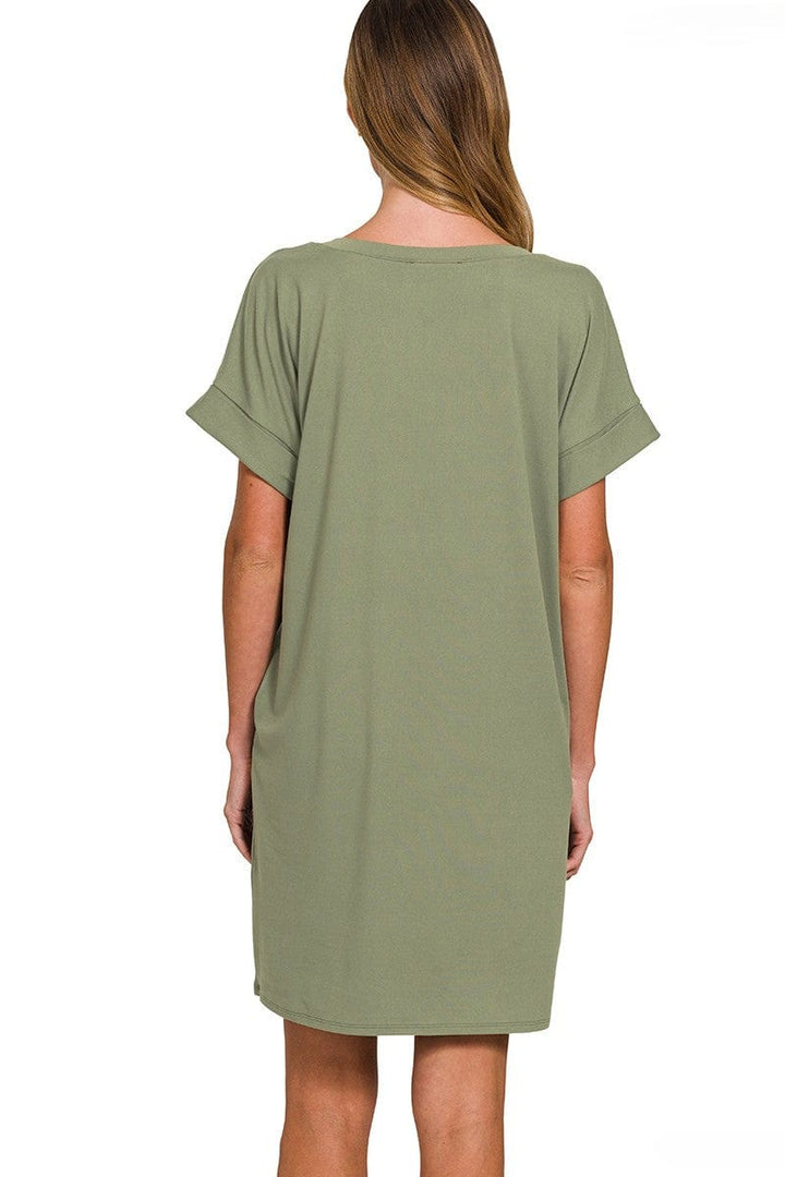 Zenana Soft Brushed Fabric Rolled Short Sleeve V-Neck Dress