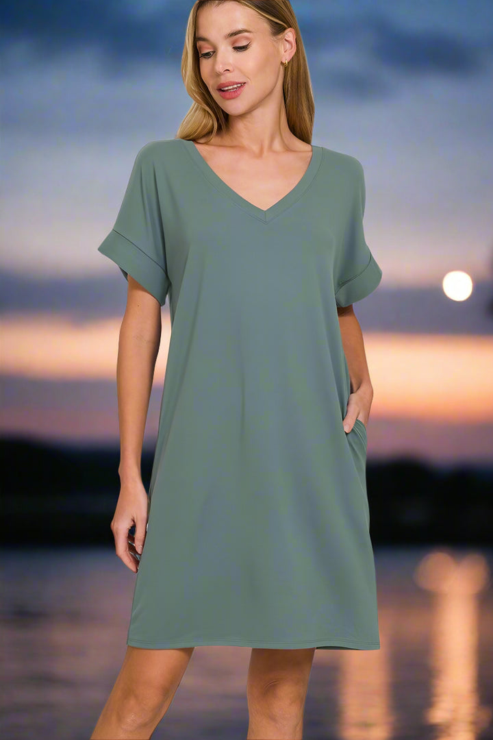 Zenana Soft Brushed Fabric Rolled Short Sleeve V-Neck Dress